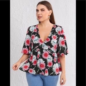 Floral Peplum Blouse with Plunging Neck
